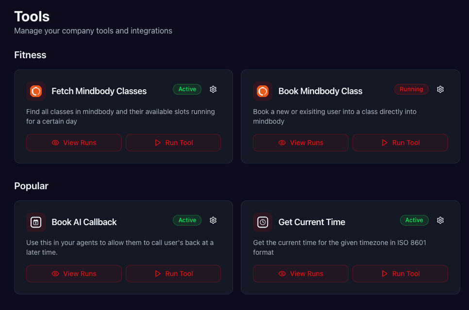 Aidan tools dashboard showing Mindbody integration with fetch and booking capabilities